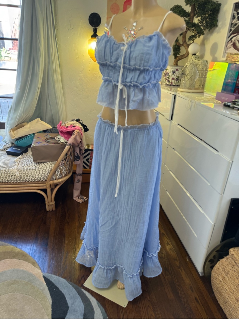 Light Blue Tiered Maxi Skirt & Crop Top Set